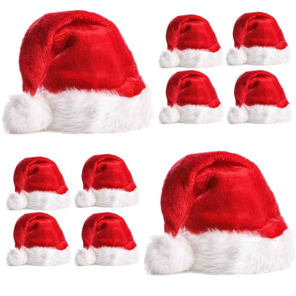 6504 Santa Hats Bulk 10PCS for Adults Soft Velvet Red Christmas Hats